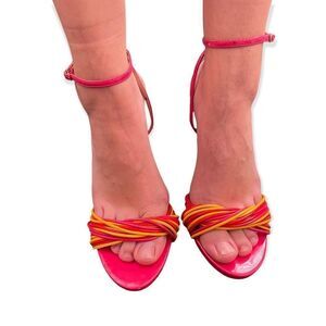 BEBE Pink & Yellow Heeled Heels Strappy Sandal Shoe sz 9